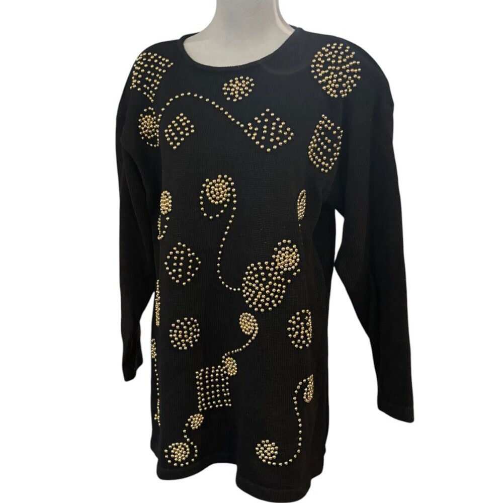 Sarah Morgan Vintage Black Knit Gold Beading Tunic Sweater Dress sz S